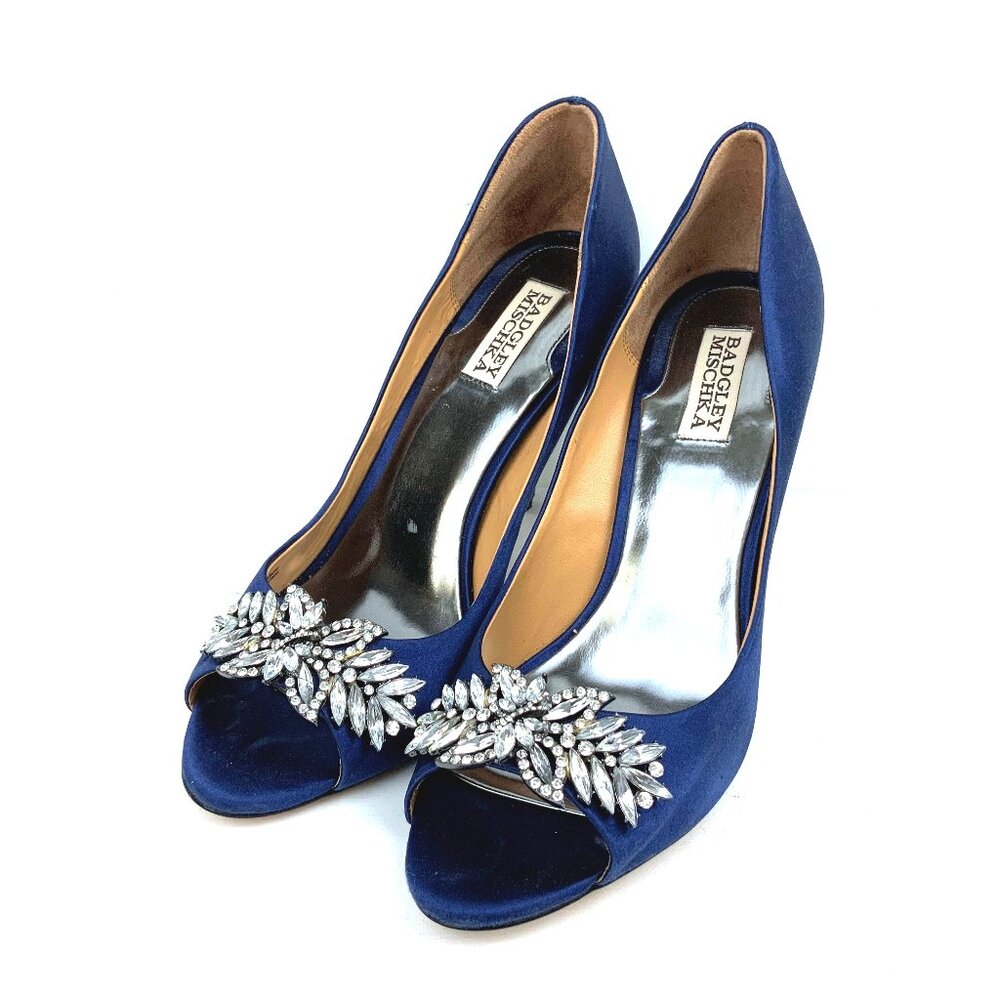Badgley Mischka Blue Satin & Rhinestone Peep-Toe Formal Lux Pump Sz 10M - Picture 2 of 16